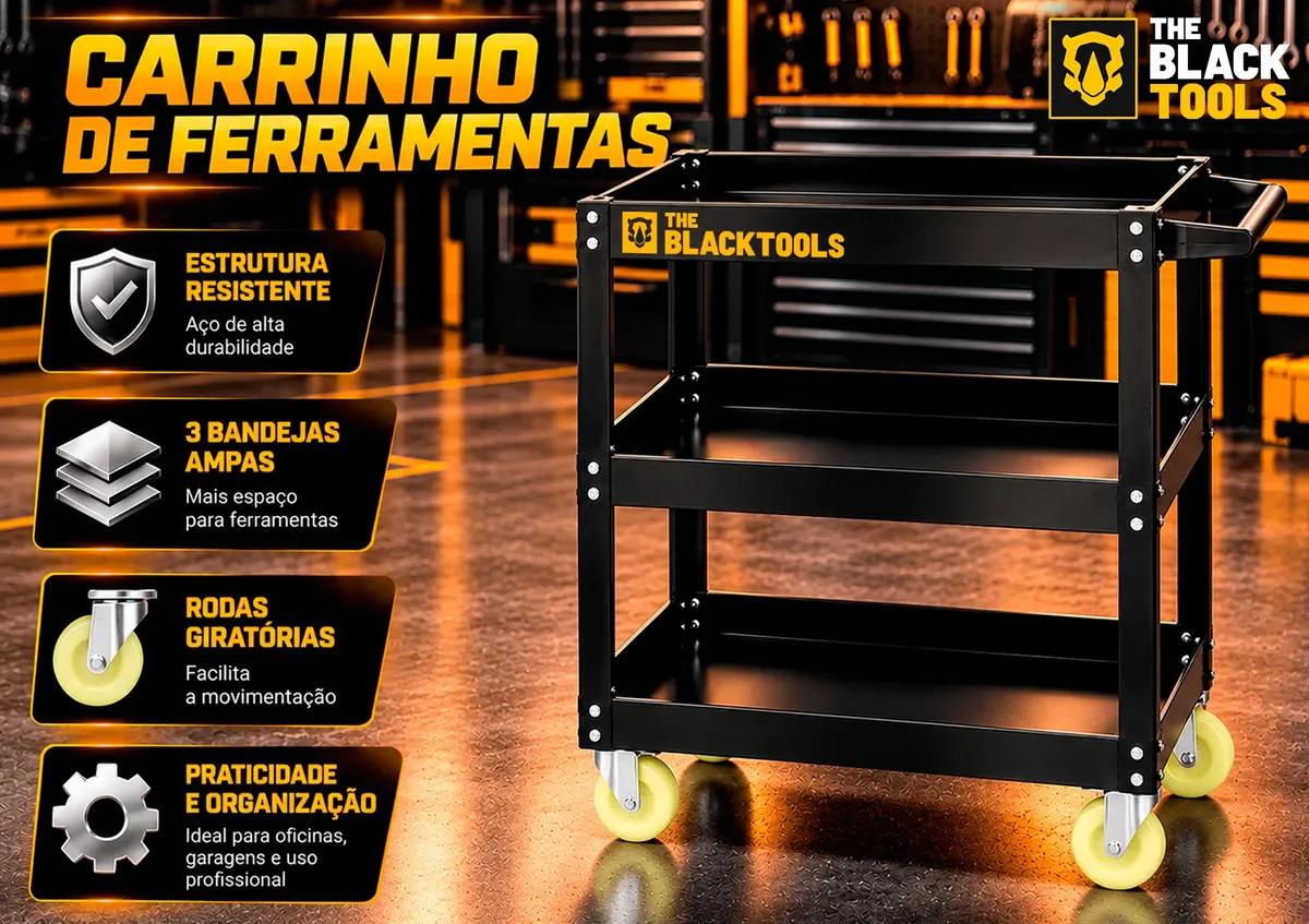 Carrinho De Ferramentas 3 Prateleiras Com Rodízios Até 120Kg Mecânicos Oficinas Preto BCM400 The Black Tools