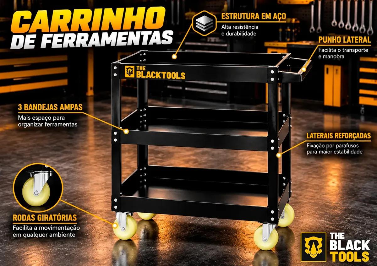 Carrinho De Ferramentas 3 Prateleiras Com Rodízios Até 120Kg Mecânicos Oficinas Preto BCM400 The Black Tools