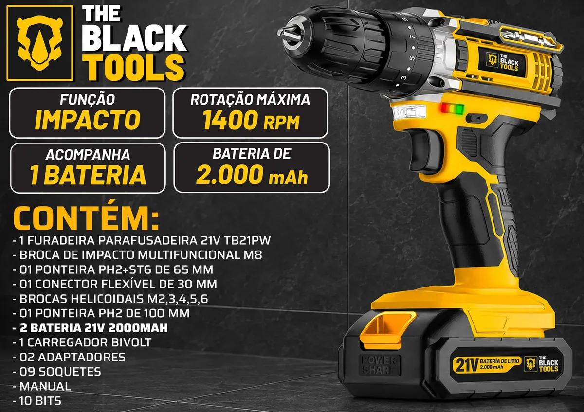 Parafusadeira Furadeira De Impacto The Black Tools Profissional TB-21PX 2 Baterias Com Maleta 60Hz Amarelo