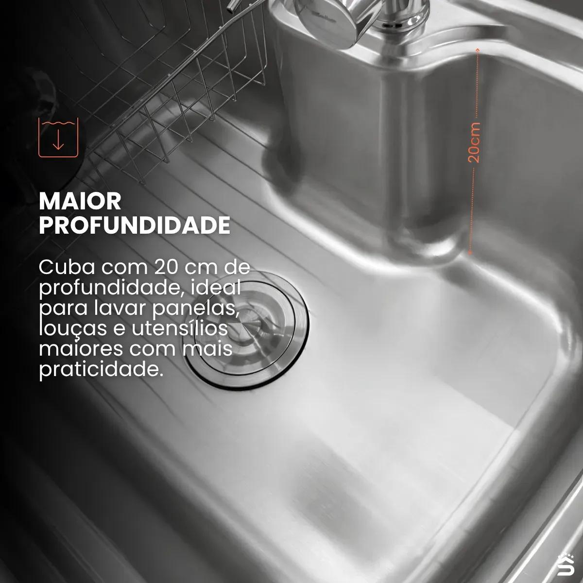 Cuba Pia Gourmet Cozinha Aço Inox 60x42cm Torneira Gourmet Monocomando Misturadora Água Quente Fria Prateada Cesto Escorredor Dispenser Detergente 500ml Válvula 4 1/2 Stillus Home