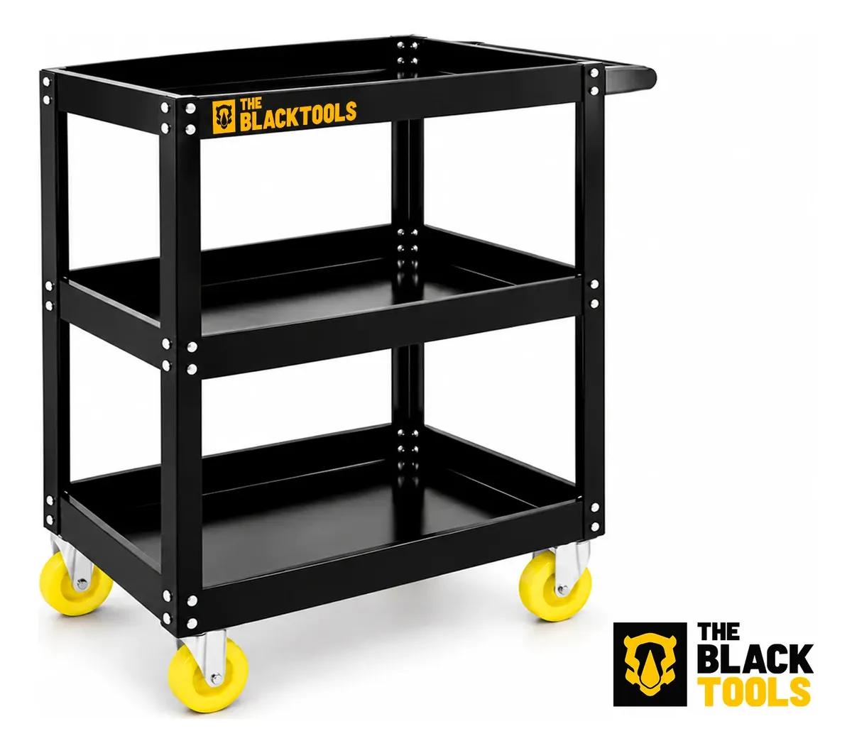 Carrinho De Ferramentas 3 Prateleiras Com Rodízios Até 120Kg Mecânicos Oficinas Preto BCM400 The Black Tools