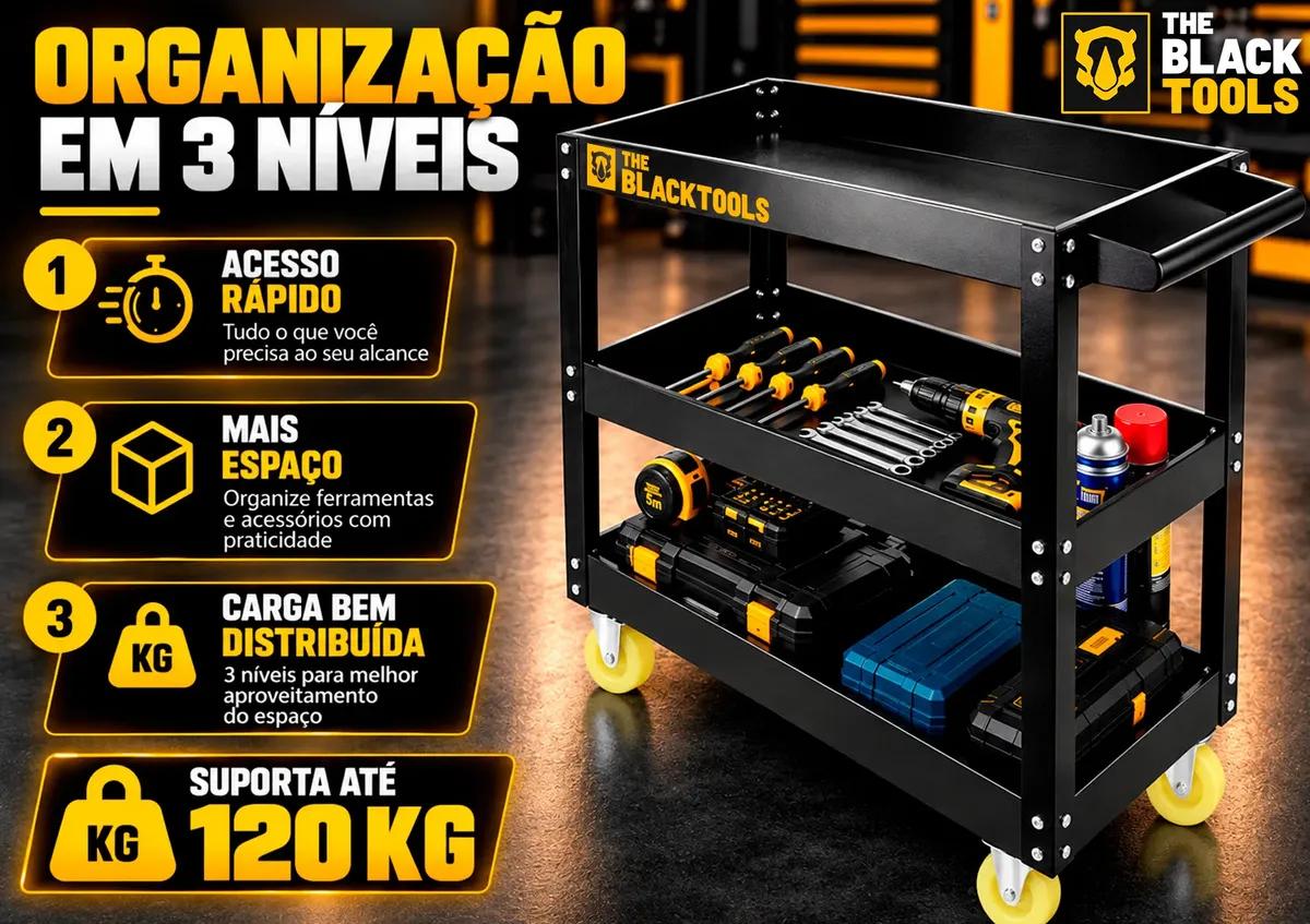 Carrinho De Ferramentas 3 Prateleiras Com Rodízios Até 120Kg Mecânicos Oficinas Preto BCM400 The Black Tools