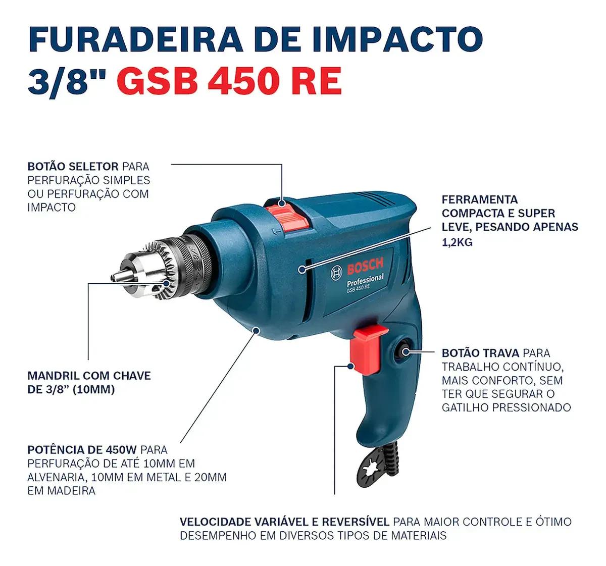 Furadeira De Impacto Bosch Gsb 450 Re 450w Concreto E Metal Cor Azul-escuro Frequência 60