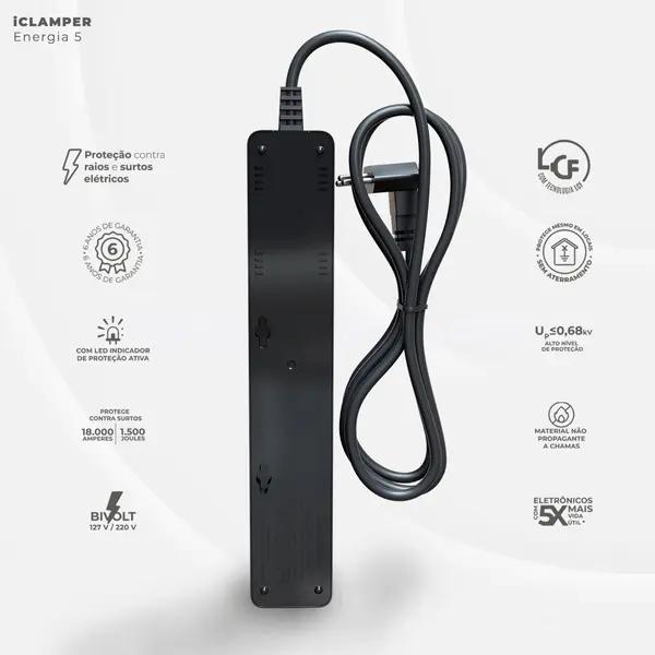 Filtro de Linha com Protetor de Surto DPS iClamper Energia 5 Tomadas 3 Pinos 10 Amperes com Tecnologia LCF Anti Raio Clamper Cor Preto