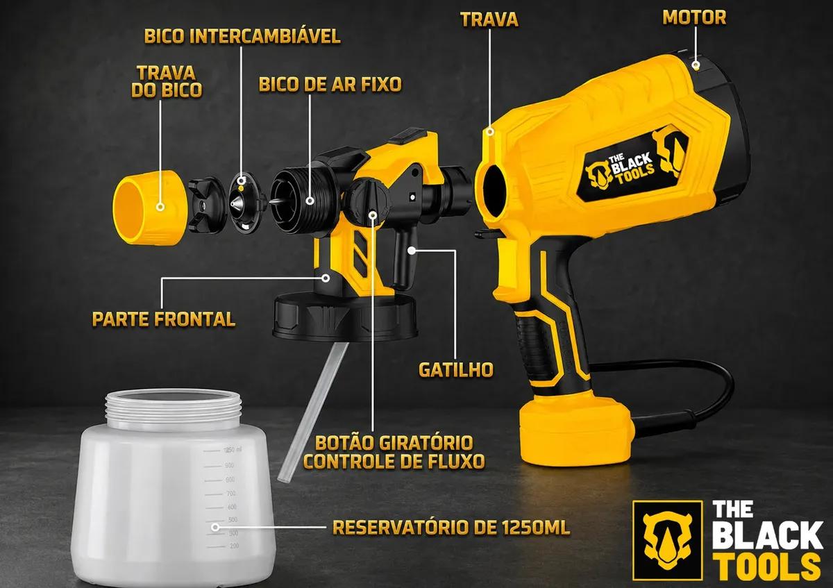 Pistola De Pintura E Pulverizadora Elétrica Portátil Hvlp 1.250l C/5 Bicos E Acessórios 600w Tpp150 The Black Tools