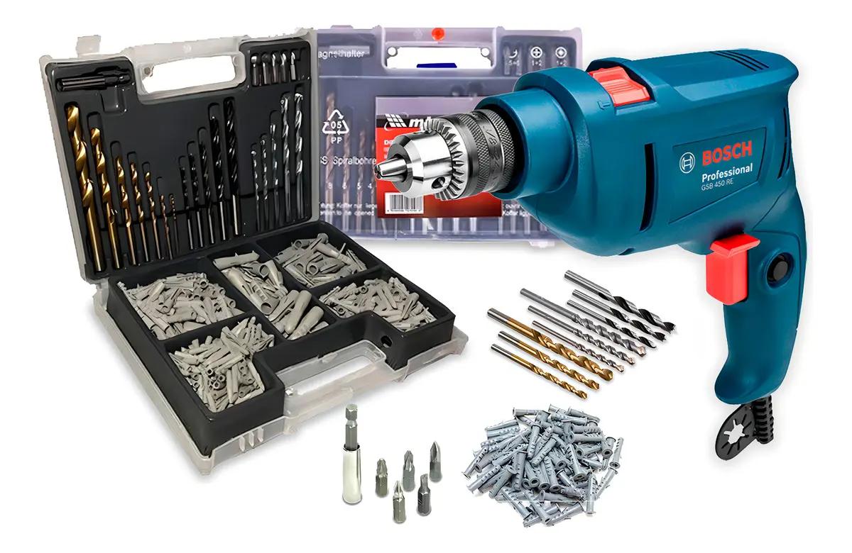 Furadeira de Impacto Bosch 450W 10mm GSB 450 RE com Jogo de Brocas Bits 300 Peças
