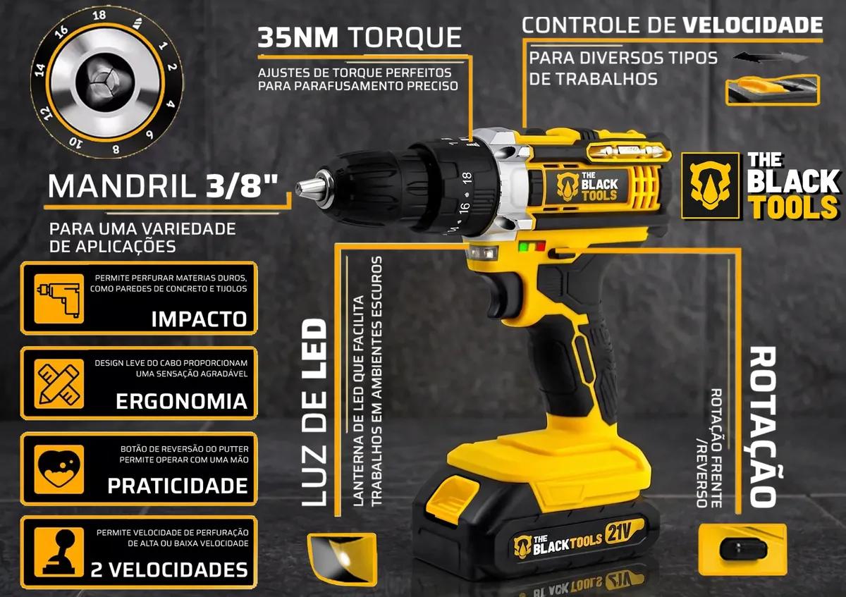 Parafusadeira Furadeira De Impacto The Black Tools Profissional TB-21PX 2 Baterias Com Maleta 60Hz Amarelo
