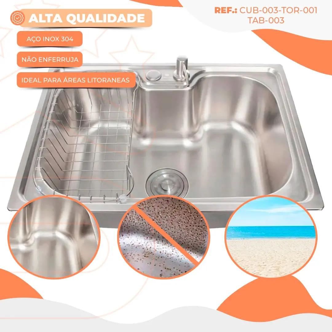 Cuba Pia Cozinha Gourmet 50x40cm Aço Inox 304 + Torneira Gourmet Monocomando Misturador Água Quente Fria Tábua Madeira Acessórios Dispenser Dosador Detergente Ralo Sifão Escorredor Stillus Home
