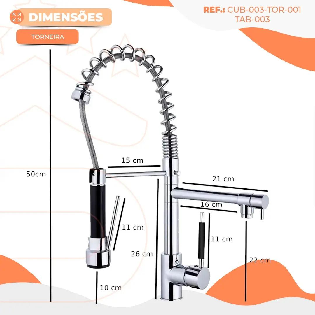 Cuba Pia Cozinha Gourmet 50x40cm Aço Inox 304 + Torneira Gourmet Monocomando Misturador Água Quente Fria Tábua Madeira Acessórios Dispenser Dosador Detergente Ralo Sifão Escorredor Stillus Home