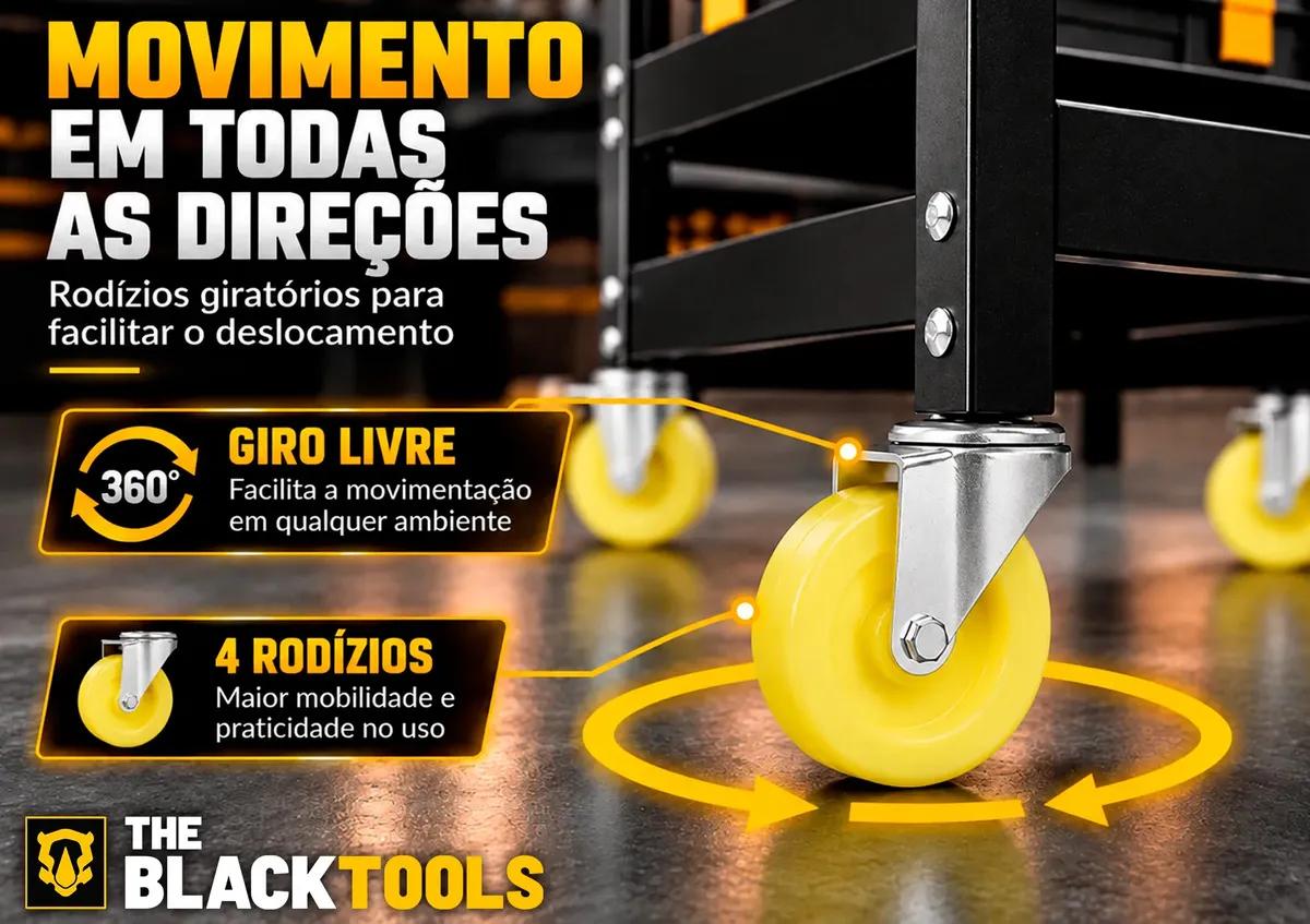 Carrinho De Ferramentas 3 Prateleiras Com Rodízios Até 120Kg Mecânicos Oficinas Preto BCM400 The Black Tools