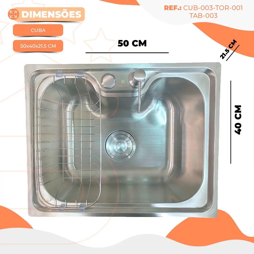 Cuba Pia Cozinha Gourmet 50x40cm Aço Inox 304 + Torneira Gourmet Monocomando Misturador Água Quente Fria Tábua Madeira Acessórios Dispenser Dosador Detergente Ralo Sifão Escorredor Stillus Home