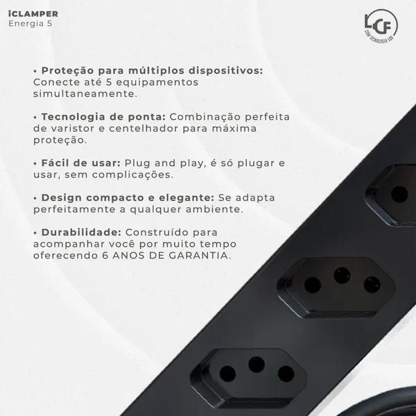 Filtro de Linha com Protetor de Surto DPS iClamper Energia 5 Tomadas 3 Pinos 10 Amperes com Tecnologia LCF Anti Raio Clamper Cor Preto