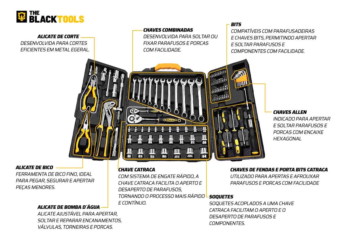 Caixa Jogo De Ferramentas 110 Peças Completo Maleta Para Mecânico Profissional Aço Cromo Vanádio Ttk110 The Black Tools