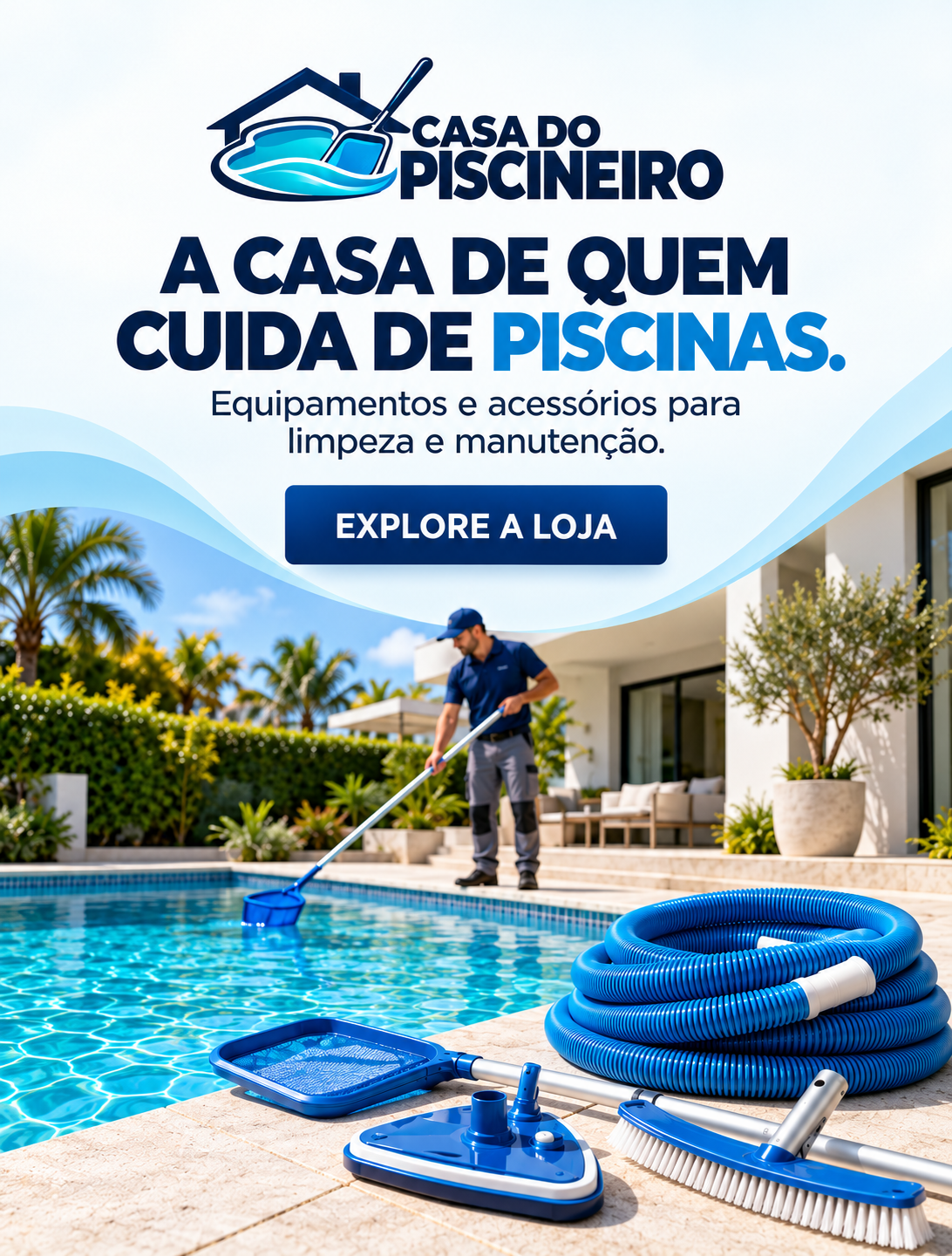 Casa do Piscineiro: sua piscina limpa o ano inteiro. Cloro, filtros, bombas e acessórios com frete grátis.