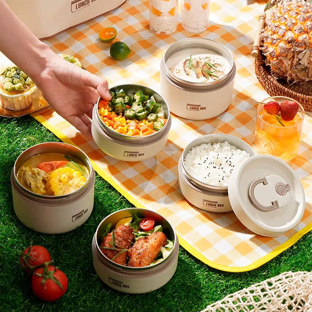 Kit Potes Térmicos LunchBox em Aço Inox Premium com Talheres e Lancheira de Viagens