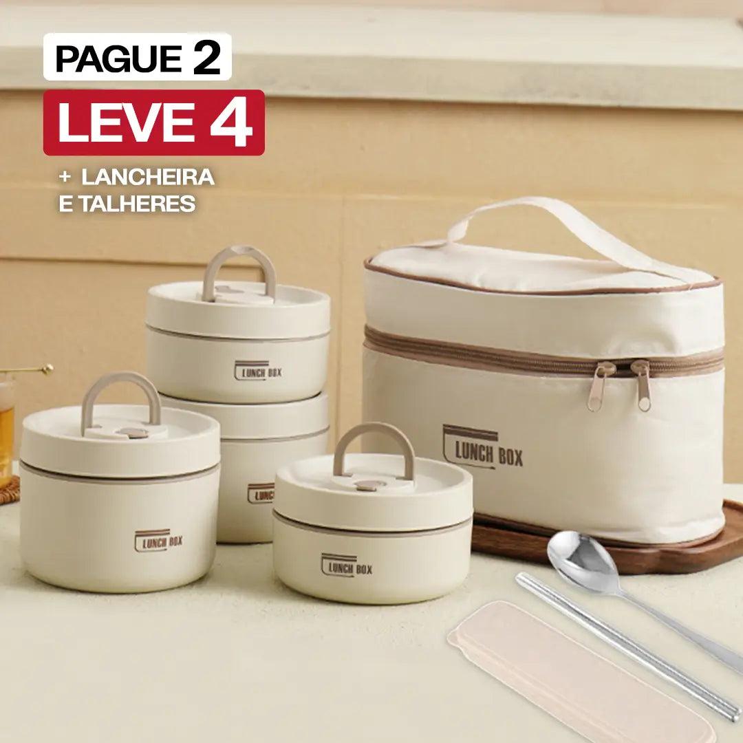 Kit Potes Térmicos LunchBox em Aço Inox Premium com Talheres e Lancheira de Viagens