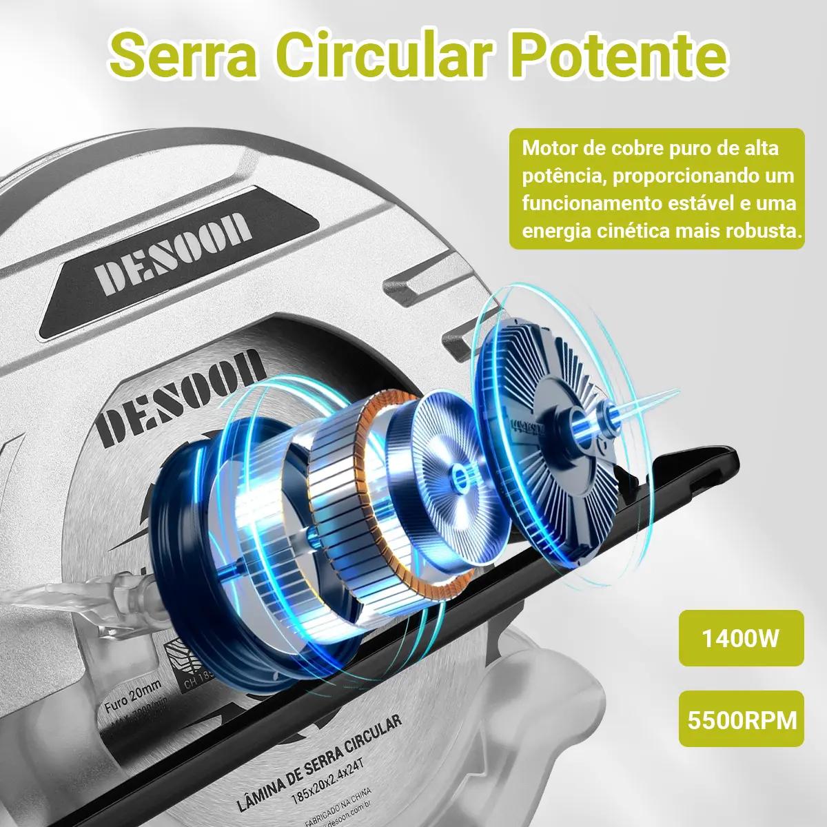 Serra Circular Elétrica 1400w Profissional 5500rpm Ângulo Ajustável 45° Com Lápis Disco 185mm E Guia Para Carpinteiro Marceneiro Desoon