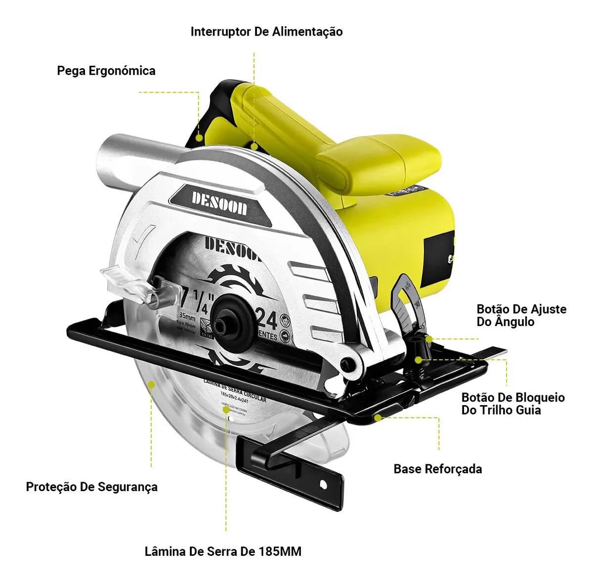 Serra Circular Elétrica 1400w Profissional 5500rpm Ângulo Ajustável 45° Com Lápis Disco 185mm E Guia Para Carpinteiro Marceneiro Desoon