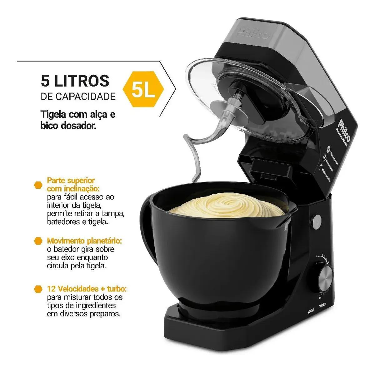 Batedeira Planetária Philco 900W 5L Preta 12 Velocidades Turbo PBP90A