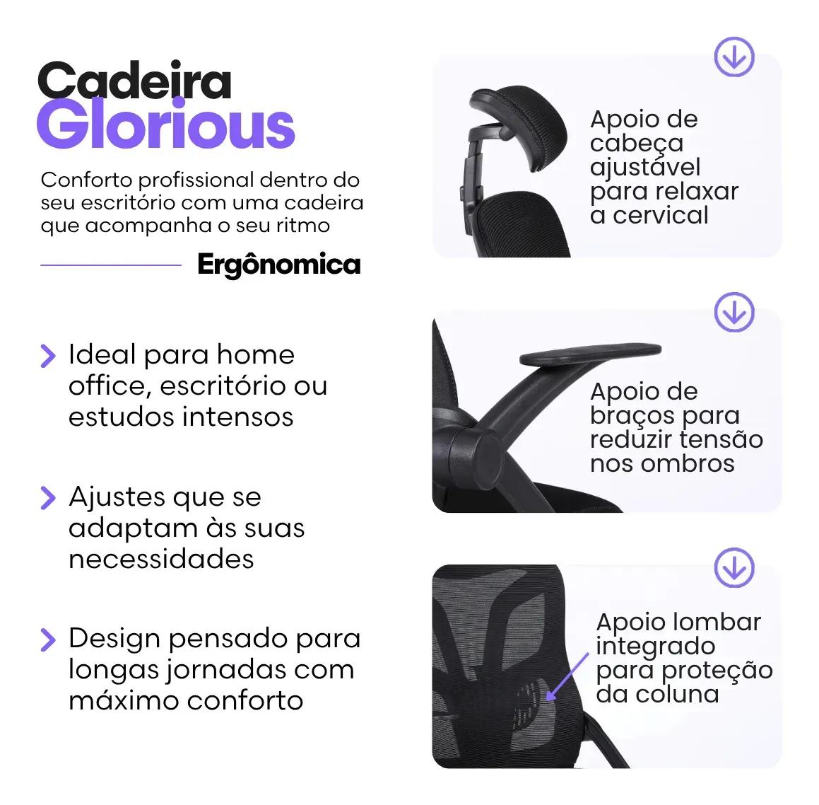 Cadeira De Escritorio Ergonomica Nr17 Glorious Marqs Home Giratoria Resistente Reforçada 180kg Confortavel Reuniao Mesh Preta