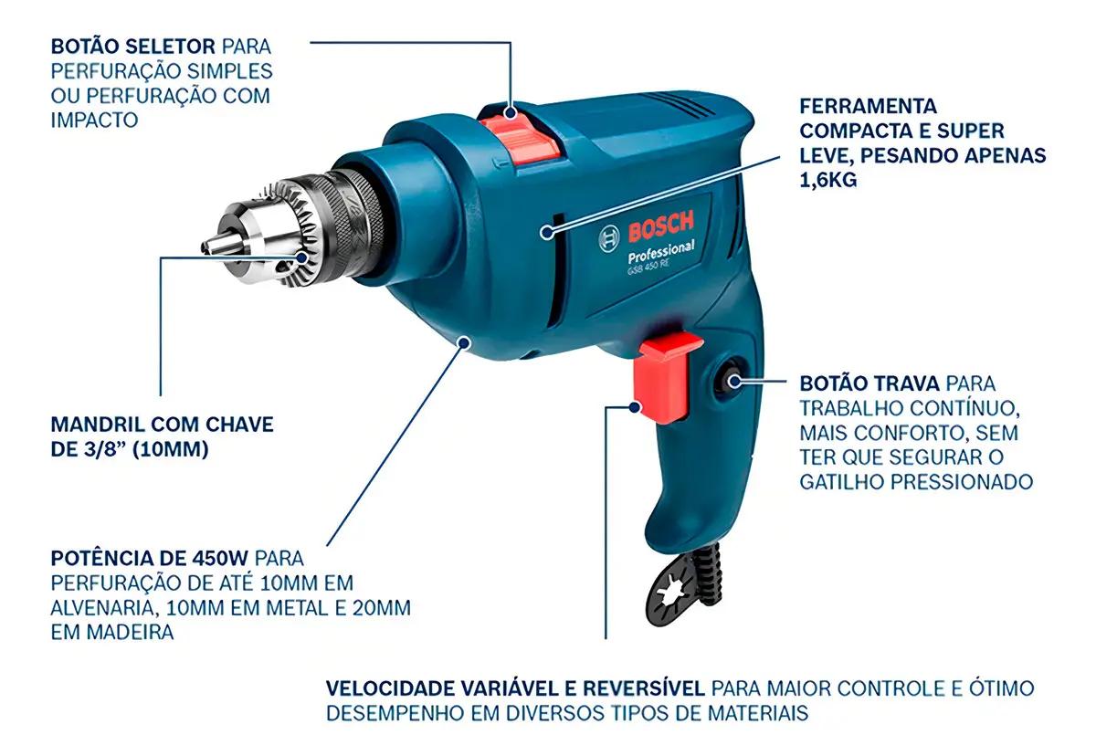 Furadeira De Impacto Bosch GSB 450 RE 450W 10mm Com Brocas e Buchas