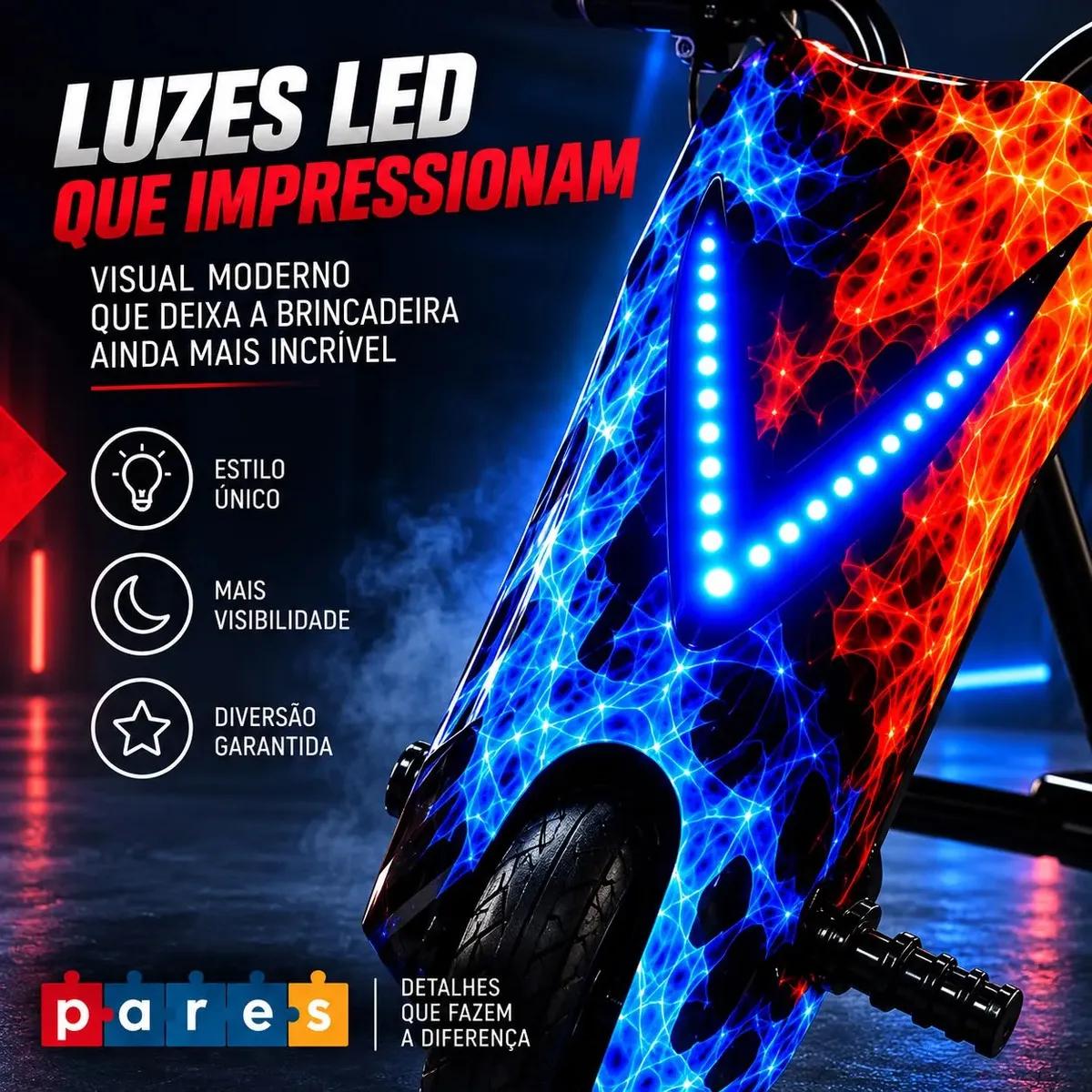Patinete Elétrico Infantil Triciclo PARES Drift Bluetooth 3 Rodas Vermelho Diversão e Lazer + Kit de segurança