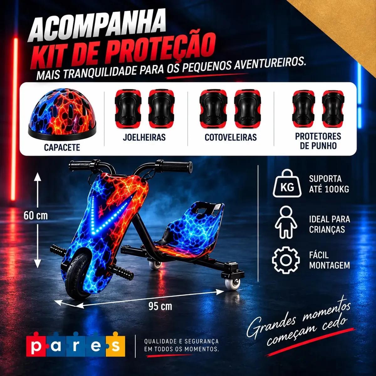 Patinete Elétrico Infantil Triciclo PARES Drift Bluetooth 3 Rodas Vermelho Diversão e Lazer + Kit de segurança