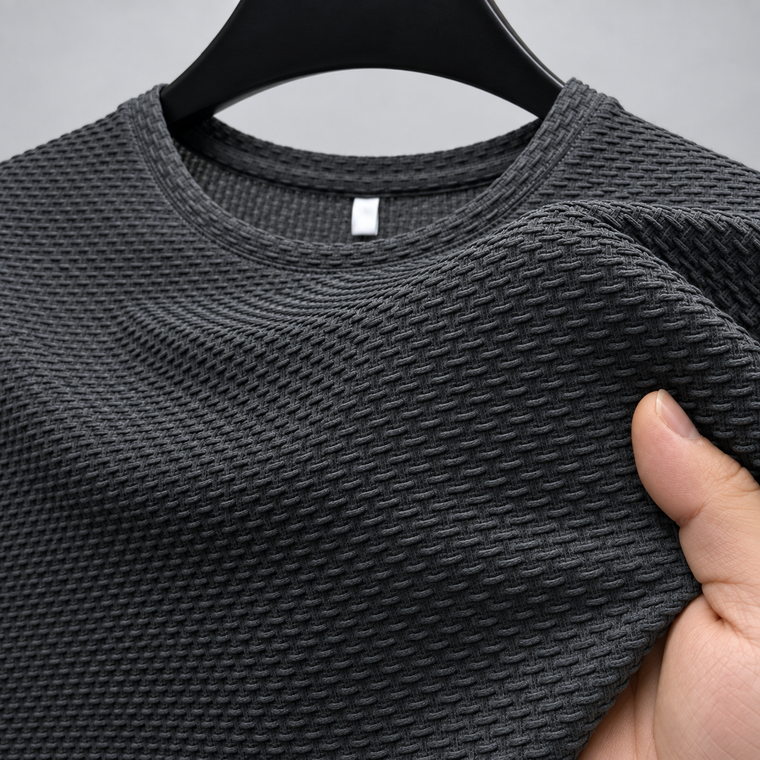 Mão esticando a manga da camisa cinza-escura pendurada no cabide