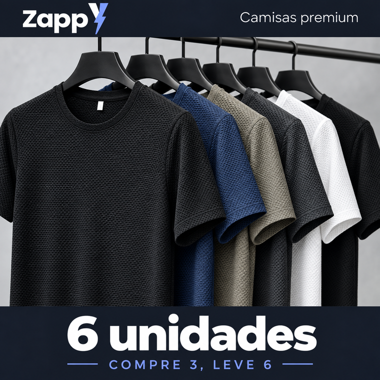 As seis camisas do kit penduradas em cabides: preta, azul-marinho, verde-oliva, cinza-escura, branca e preta