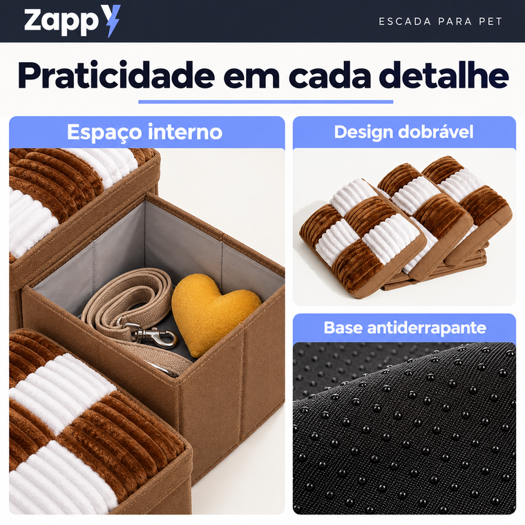 Três detalhes lado a lado: o espaço interno, a escada dobrada e a base com pontos antiderrapantes
