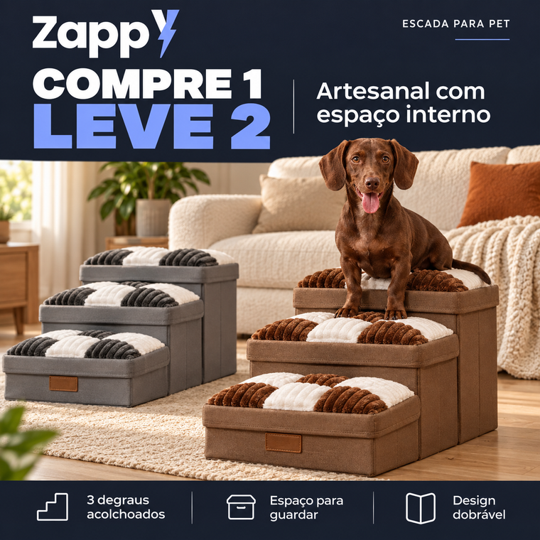 Escada cinza e escada marrom montadas na sala, com um dachshund em cima da marrom