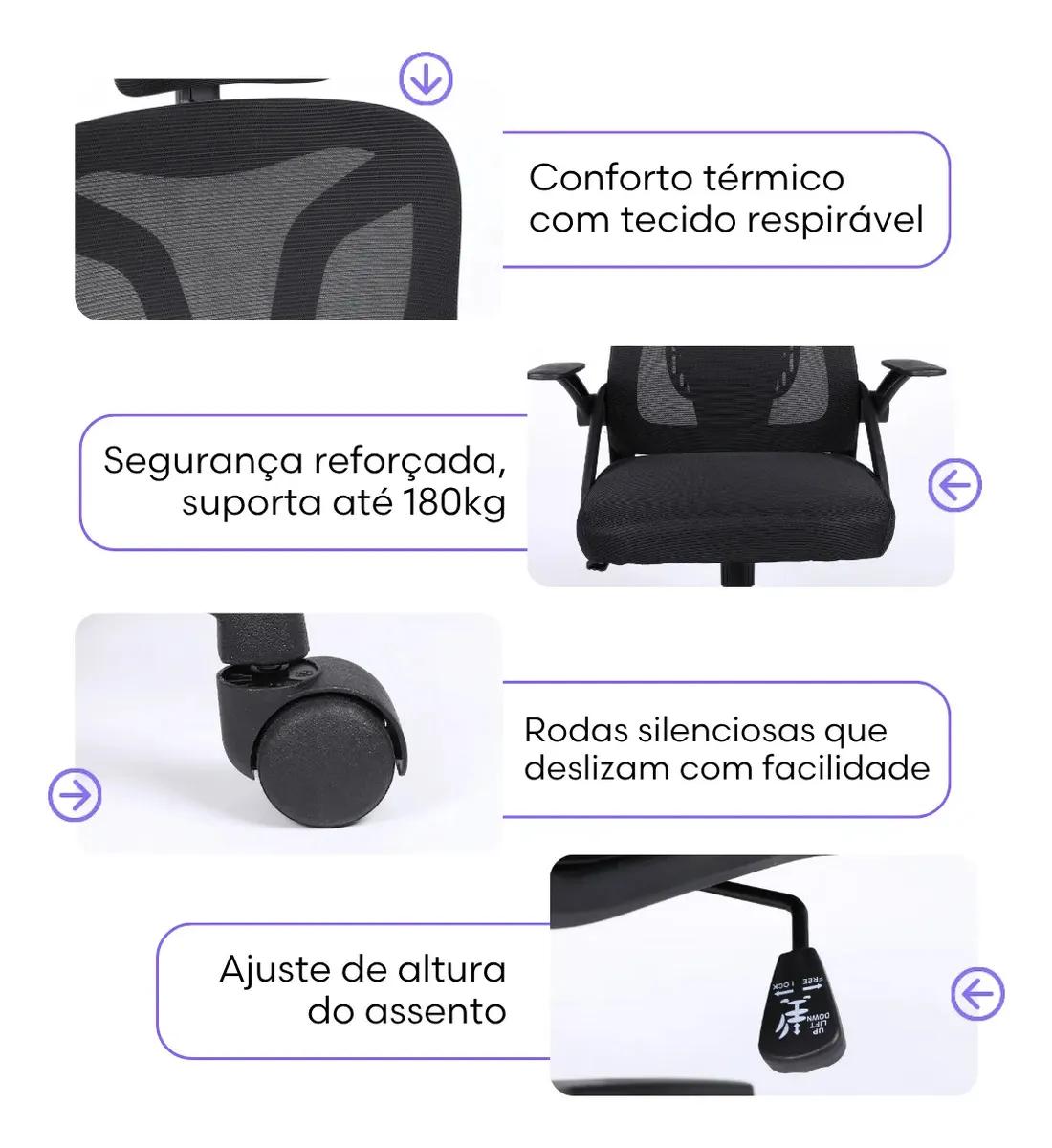 Cadeira De Escritorio Ergonomica Nr17 Glorious Marqs Home Giratoria Resistente Reforçada 180kg Confortavel Reuniao Mesh Preta