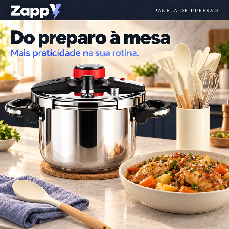 A panela fechada na bancada e, ao lado, o pote com os utensílios de silicone de cabo de madeira do brinde